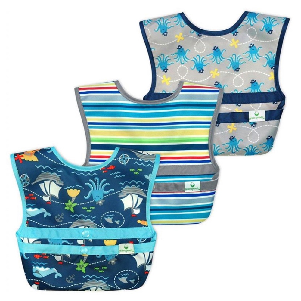 NWT GREEN SPROUTS SNAP & GO EASY-WEAR BIB 3-PACK SET, AQUA PIRATE